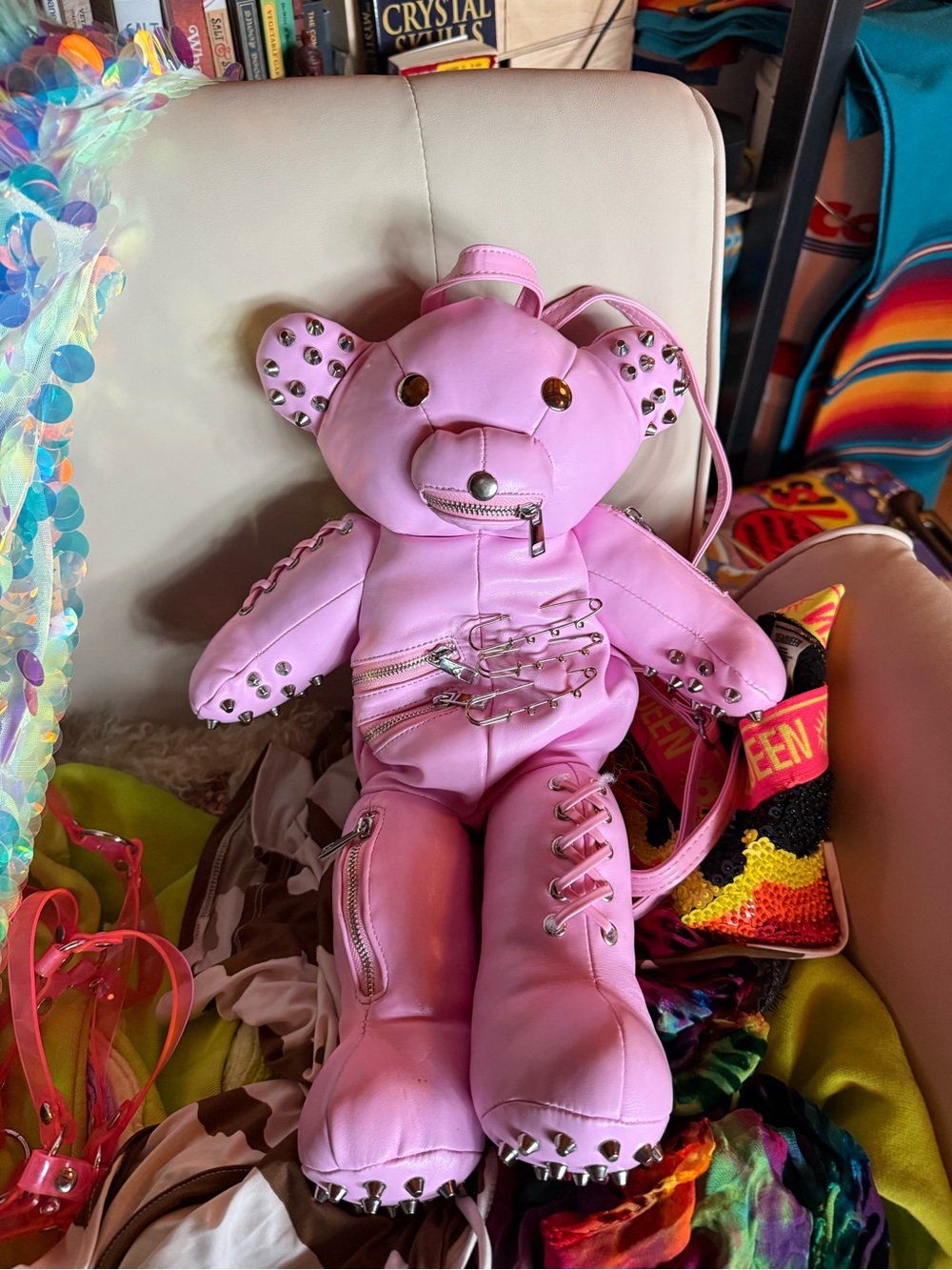 Dolls Kill current mood Pink Studded Teddy Bear Backpack - rave bag